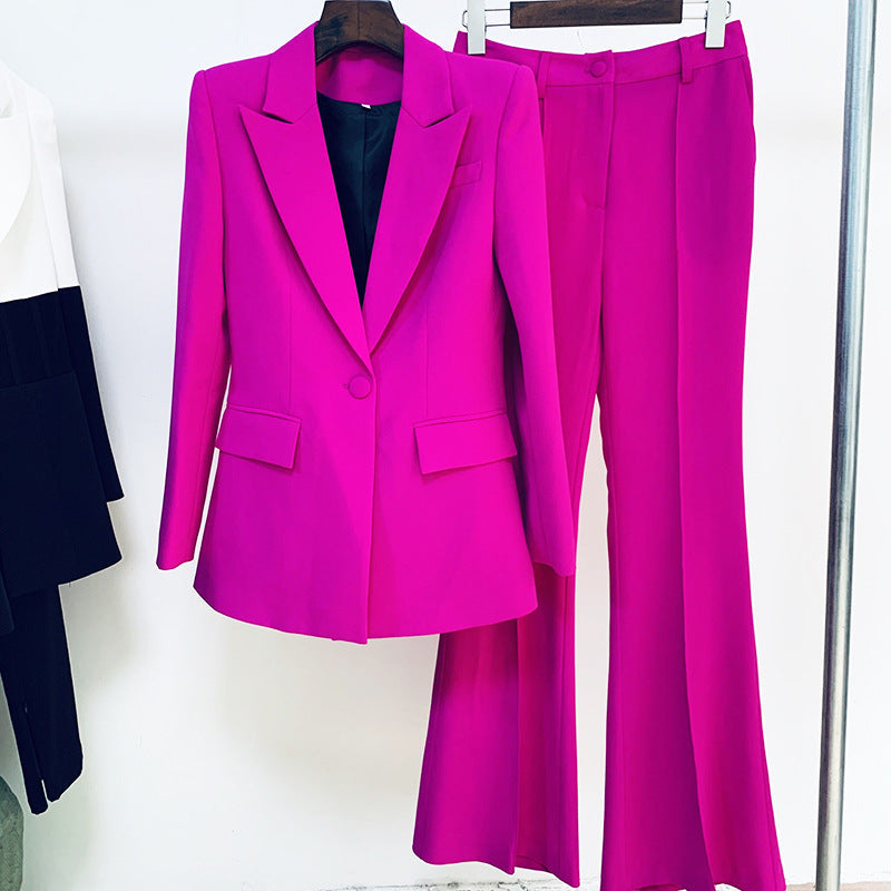 One-Button Suit Jacket and Flare Pants Set