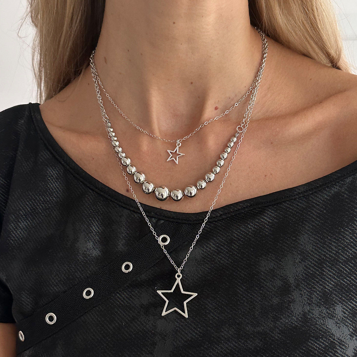 Hip Hop Star Pendant Necklace Set Trendy Ccb Beaded Metal Chain Jewelry