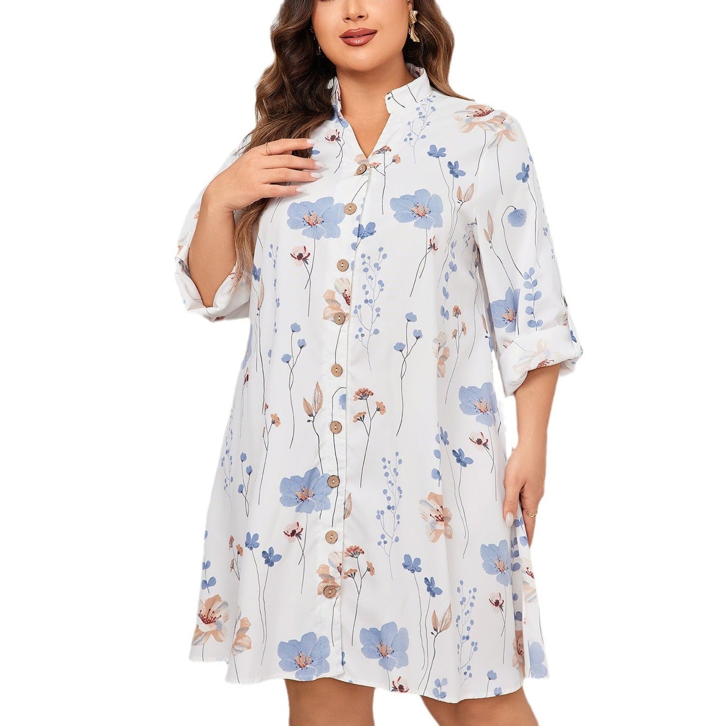 White Floral Print A-Line Dress Polyester Casual Dress