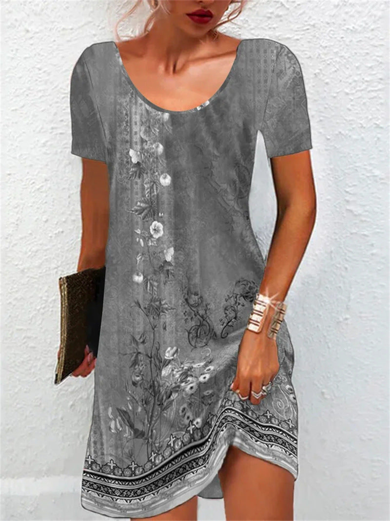 Hot Women'S Clothing Summer New Loose Round Neck Ethnic Style Printed Pullover Dress