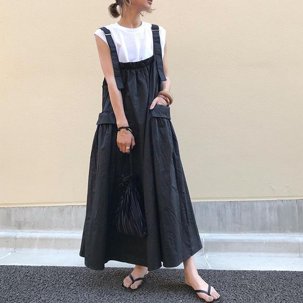 Spot Skirt Suit In Mid-Summer Long Big Pocket Knee-Length Aging Pocket Cute Japanese Bib Skirt