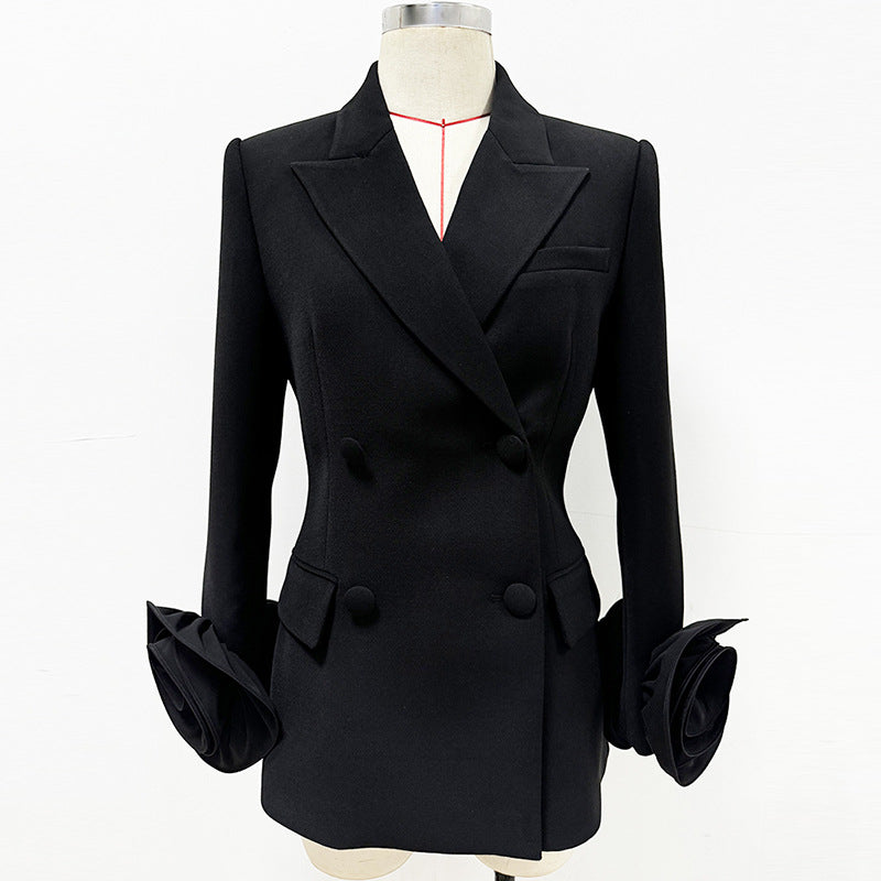 Stylish Double-Breasted Floral Embellished Blazer Jacket