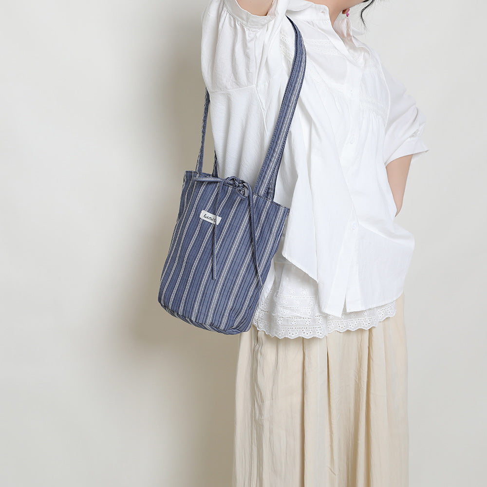 Color Block Striped Canvas Bucket Bag