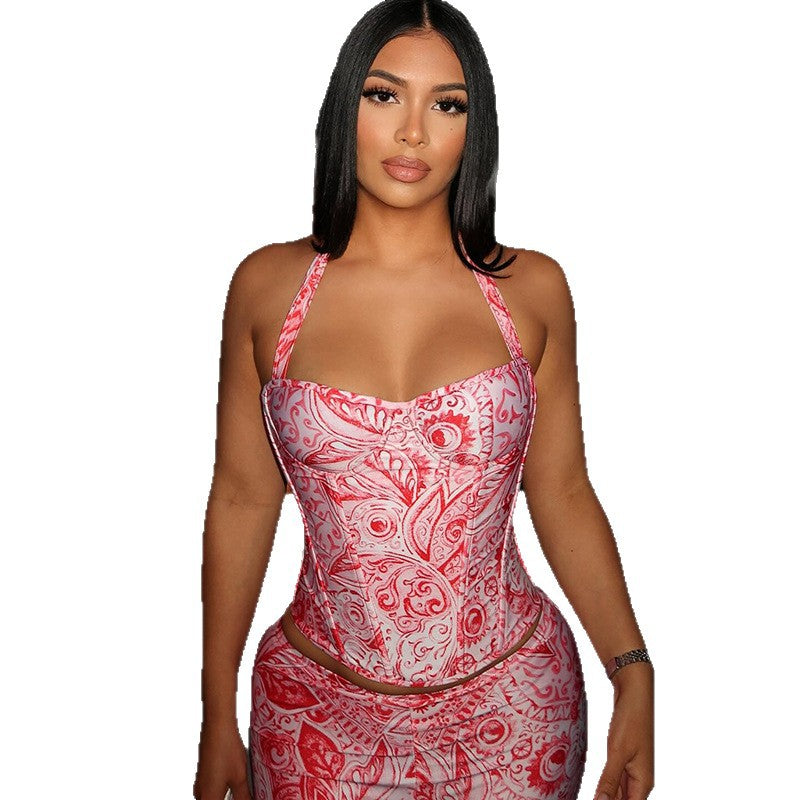 Trendy Abstract Print Bodycon Backless Jumpsuit Set