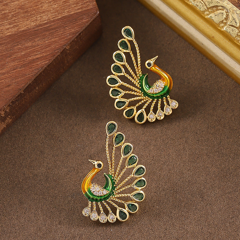 Elegant Peacock Drop Earrings With Crystal Accents