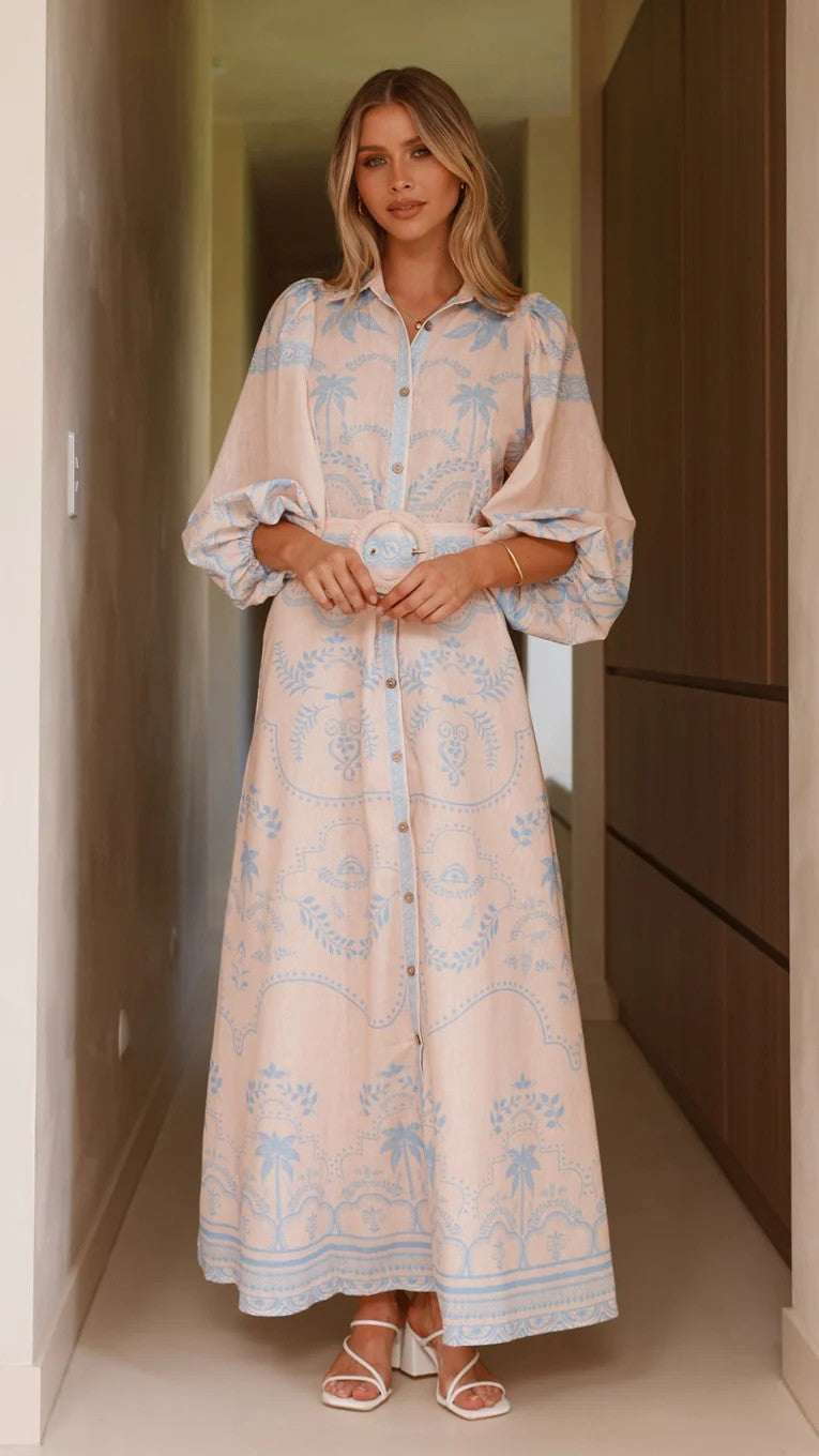 Loose-Fit Linen Puff Sleeve Dress with Waist Belt
