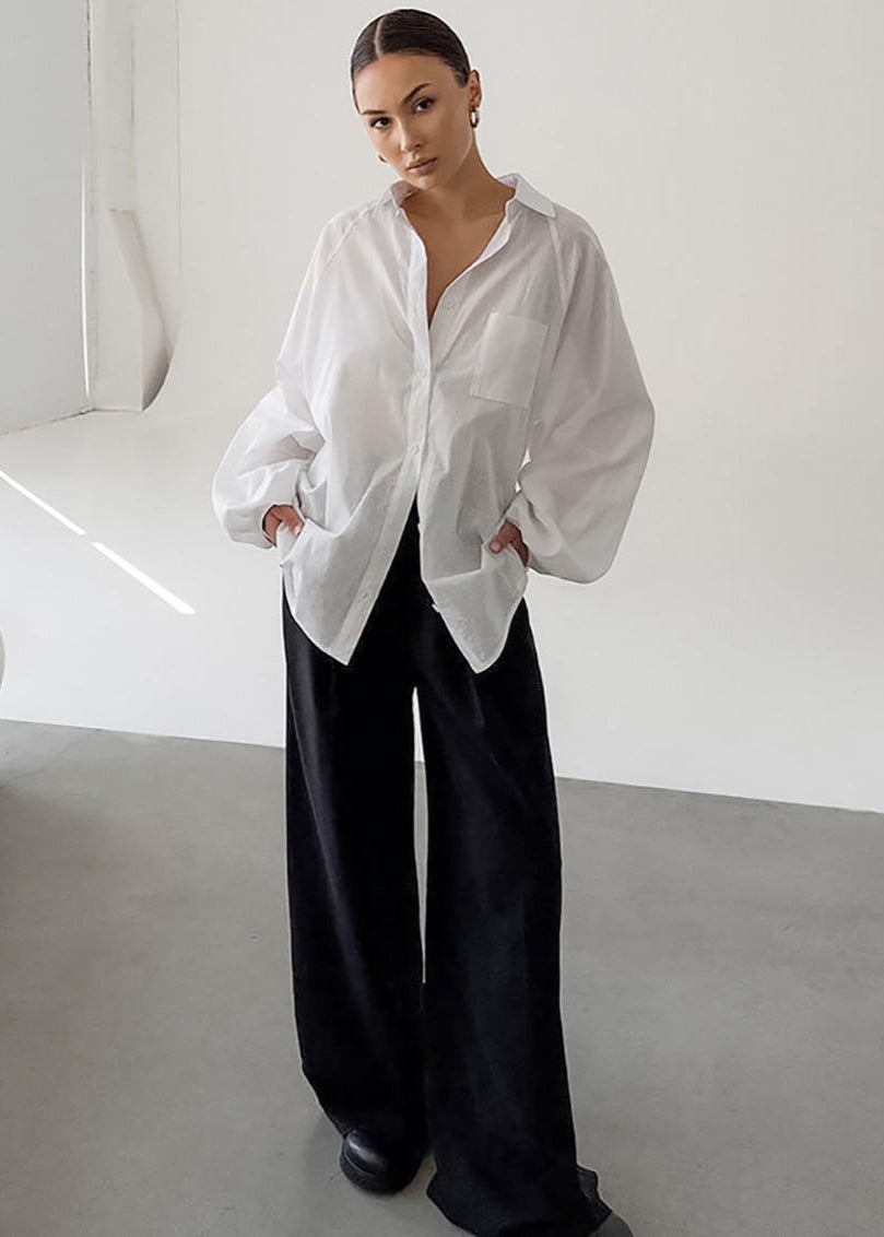 Oversized Cotton Button Up Shirt White Stylish
