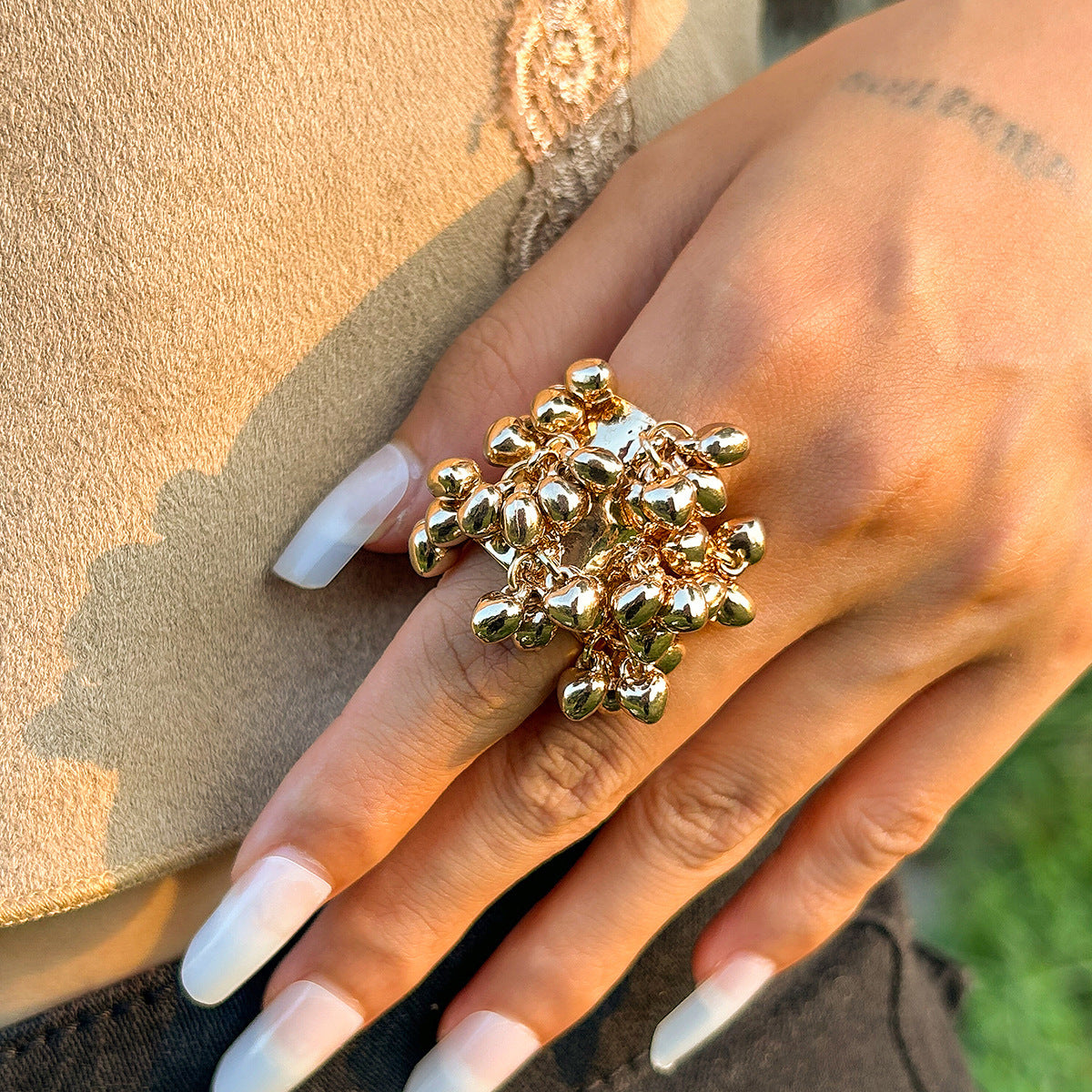 Bohemian Heart Shaped Gemstone Pearl Tassel Ring For Women