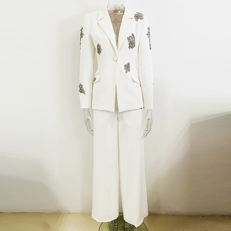 Beaded Blazer and Wide-Leg Pants Set