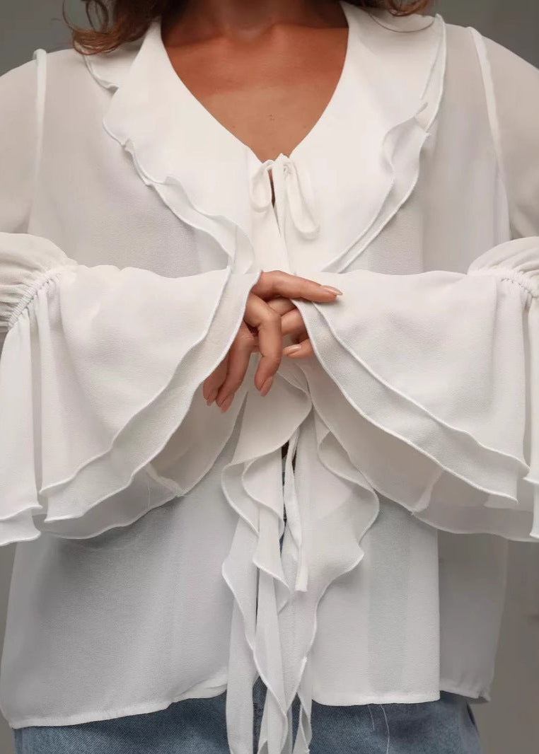 Ruffled Chiffon Blouse With Bell Sleeves