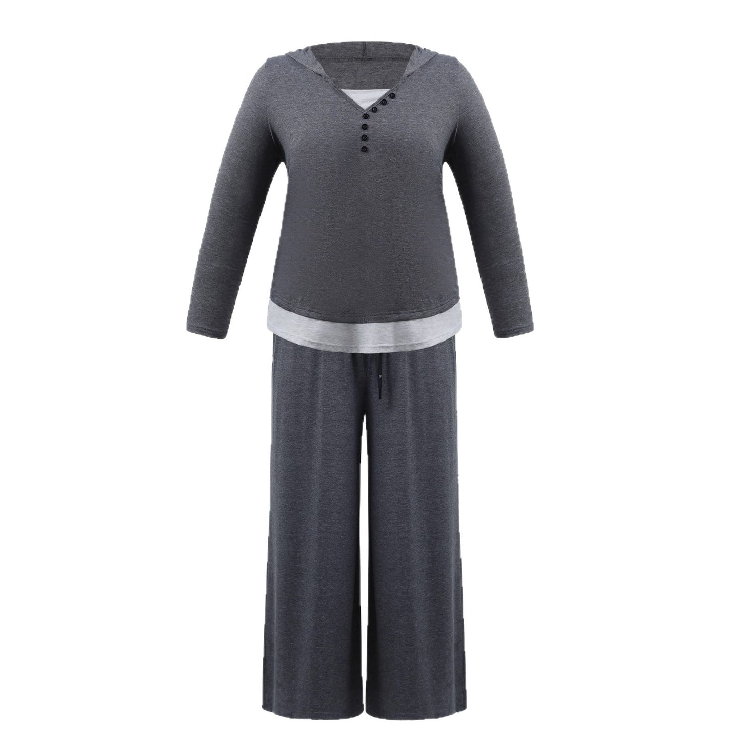 Casual Hoodie Button Top And Wide Leg Pants Set