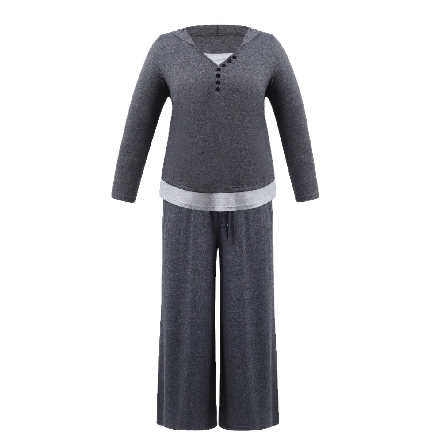 Casual Hoodie Button Top And Wide Leg Pants Set