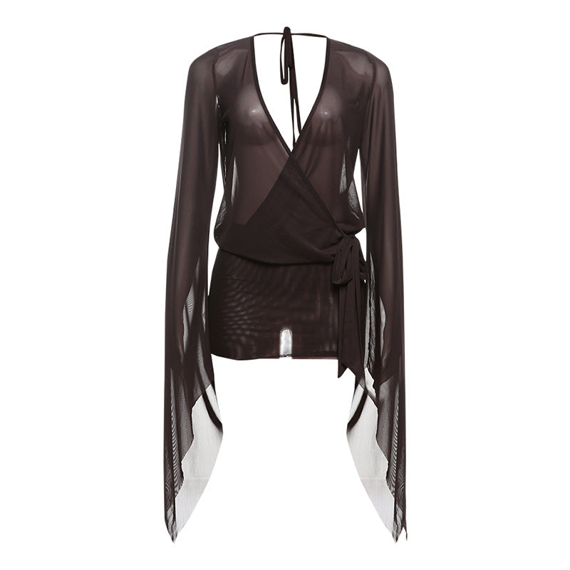 Deep V Sheer Backless Bodycon Mini Dress
