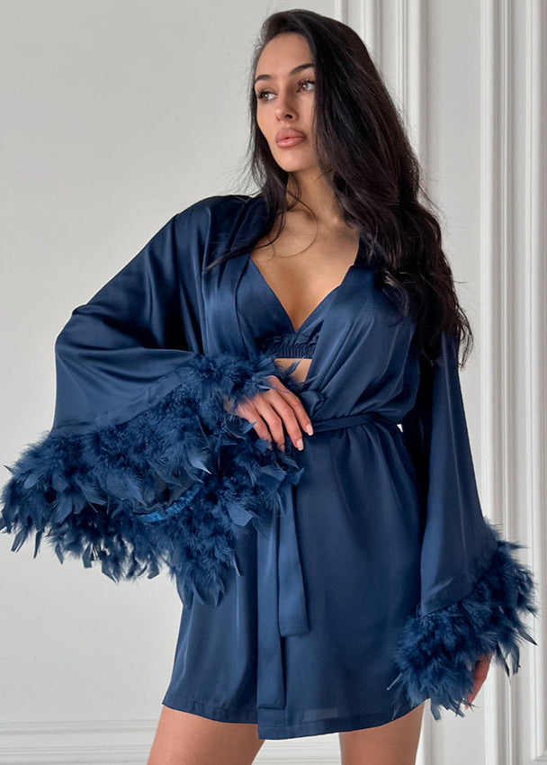 Satin Loungewear Set With Feather Trim