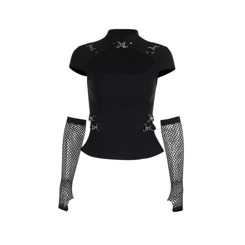 Trendy Dark Aesthetic Long Sleeve T-Shirt with Metal Lock Detailing