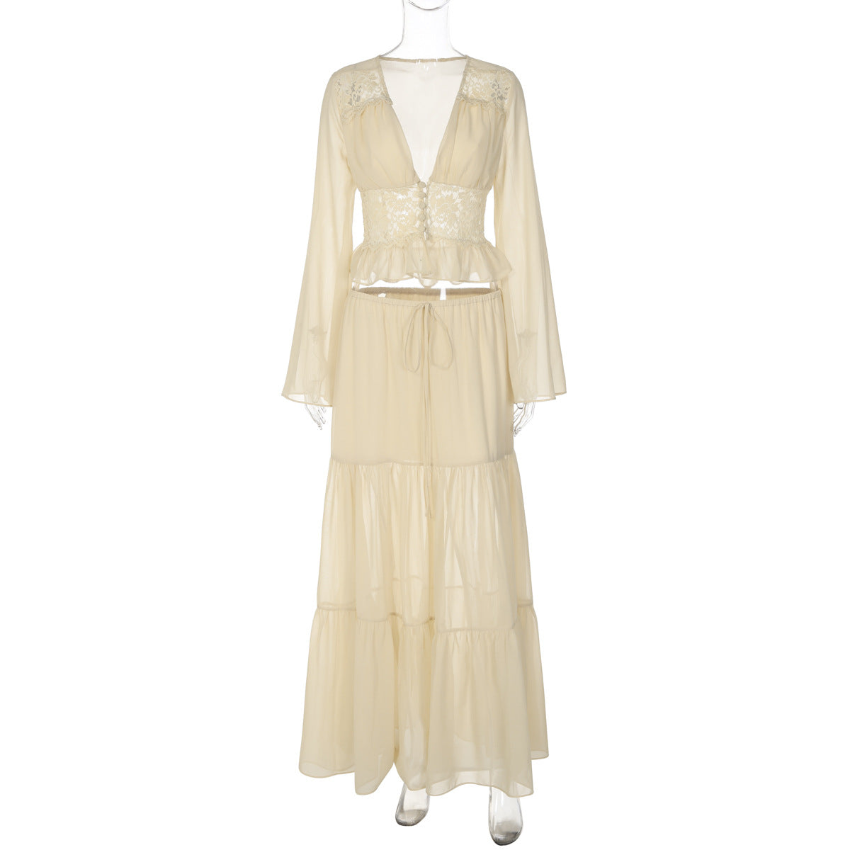 Fashionable French Lace Chiffon Cardigan Top with Tie Long Dress