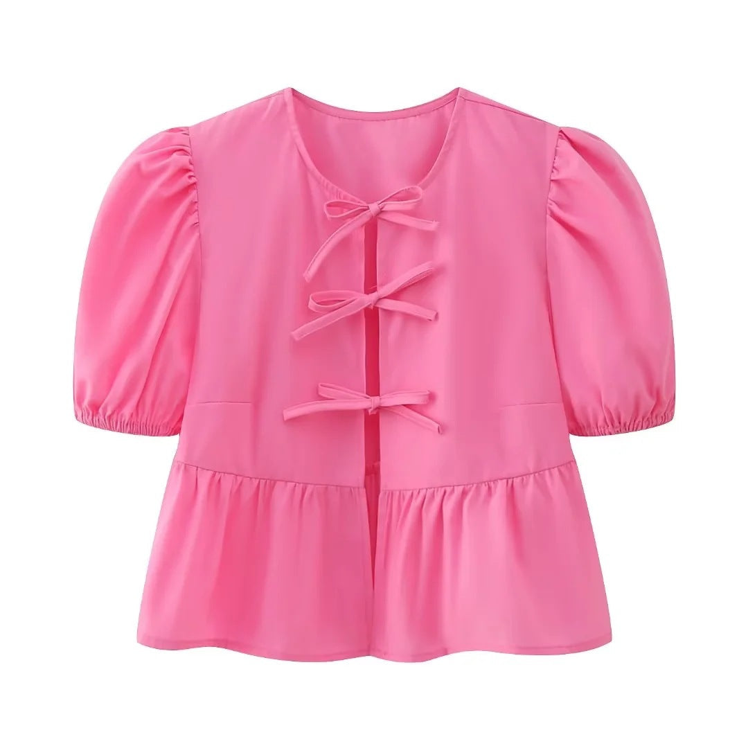 Cute Tie Front Round Neck Pullover Top
