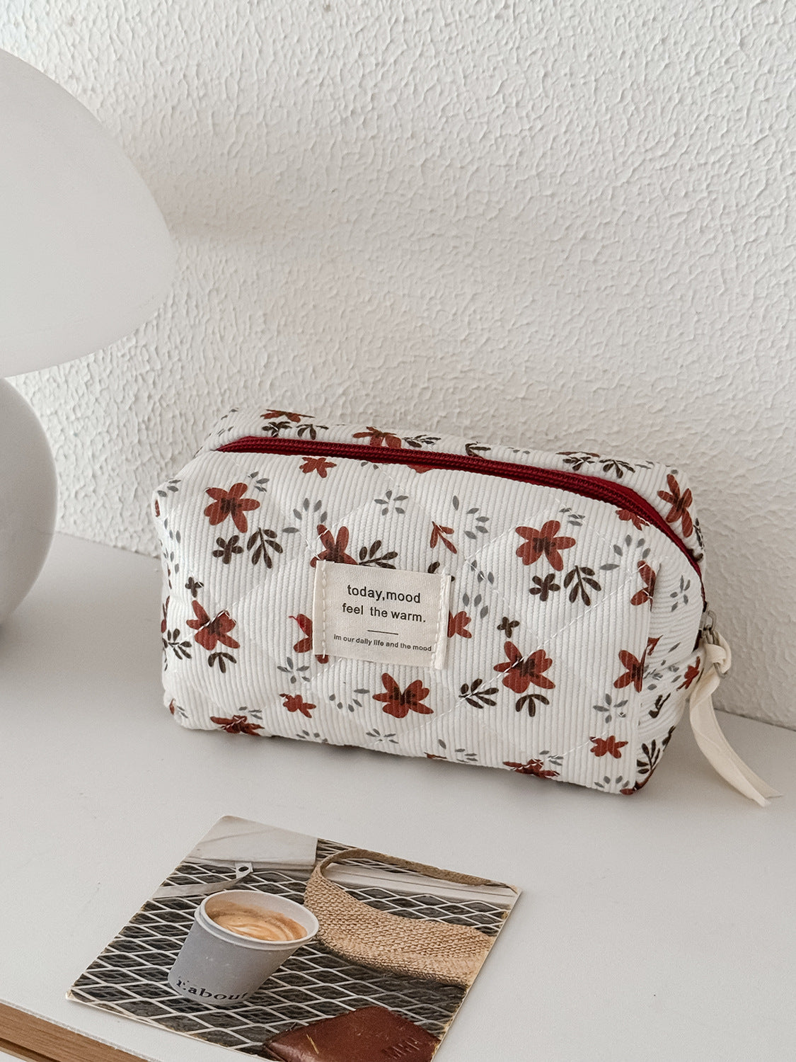 Orange Floral Corduroy Makeup Bag Spacious Outdoor Travel Toiletry Bag