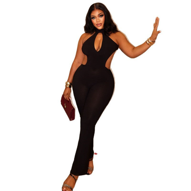 Hollow Out Bodycon Halter Jumpsuit Sexy Backless Long Jumpsuit