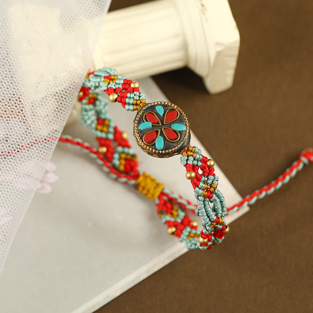 Tibetan Ethnic Style Nepalese Beads Hand String Retro Diagonal Knot Colorful Rope Pure Hand Woven Bracelet