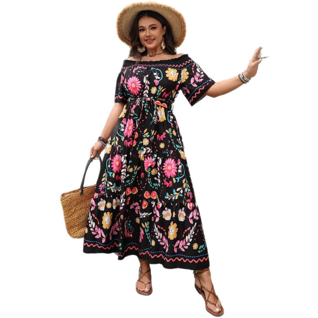 Elegant Color Block Printed Maxi Dress with Off-The-Shoulder Design