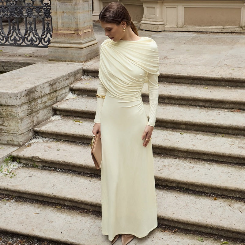 Elegant Solid Color Long Sleeve Dress with Ruched Design