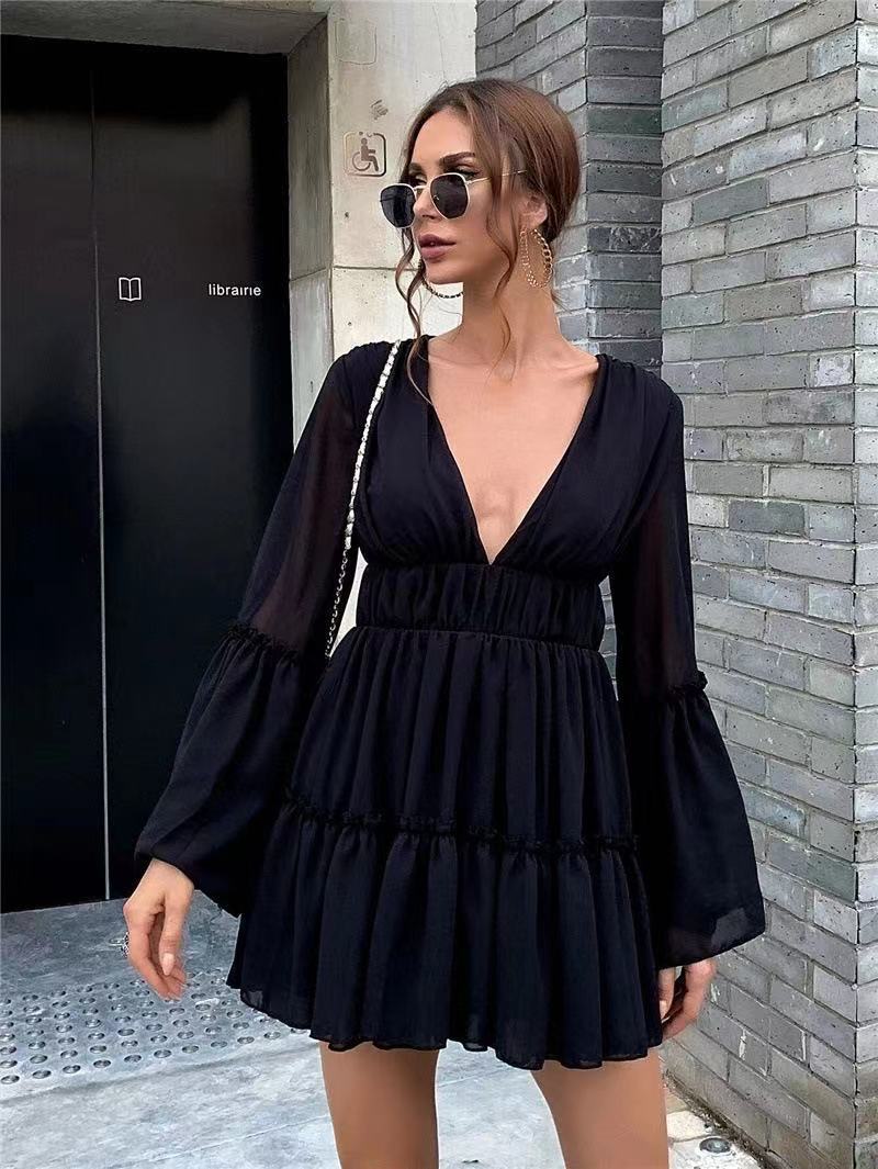 Solid Color Sexy Dark V Beach Skirt Women'S Chiffon Dress