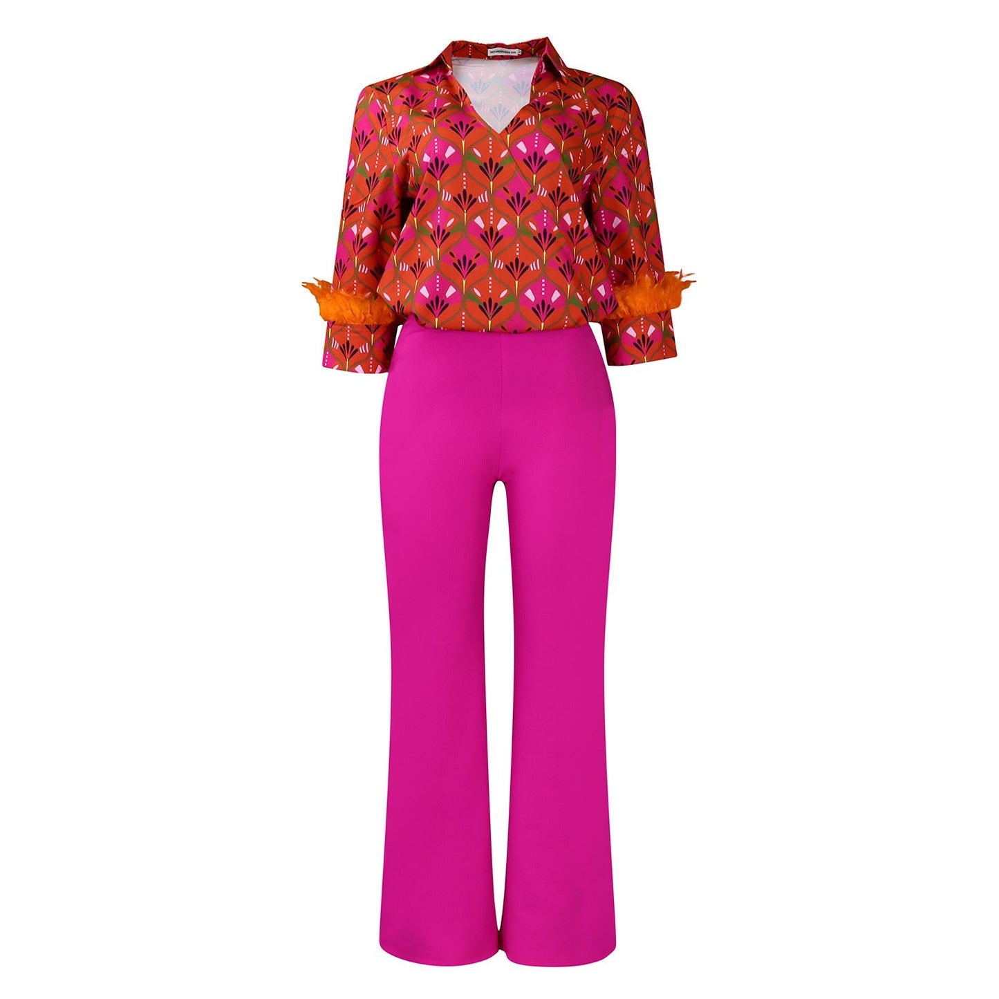 Elegant Printed Long Sleeve Shirt And Wide Leg Pants Set