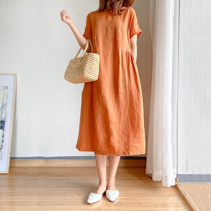 Cotton And Linen Solid Color Plus Size Dress Women'S Summer Loose Japanese Mid-Length Skirt Women