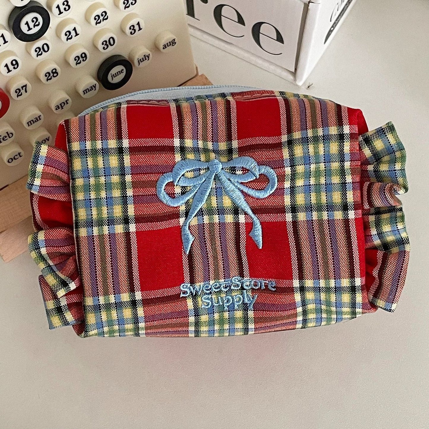 Cute Checkered Bow Coin Purse Portable Travel Bag