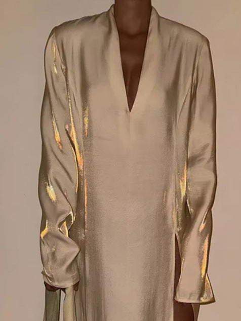 Shiny Gold V-Neck Split Casual Dress