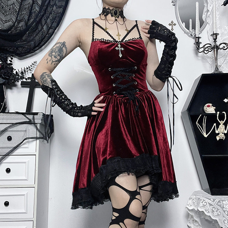 Dark Velvet Lace-Up Bodycon Dress with V Neck