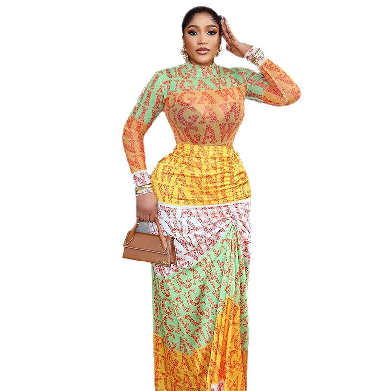 Elegant Printed Bodycon Dress With High Neck Long Sleeves