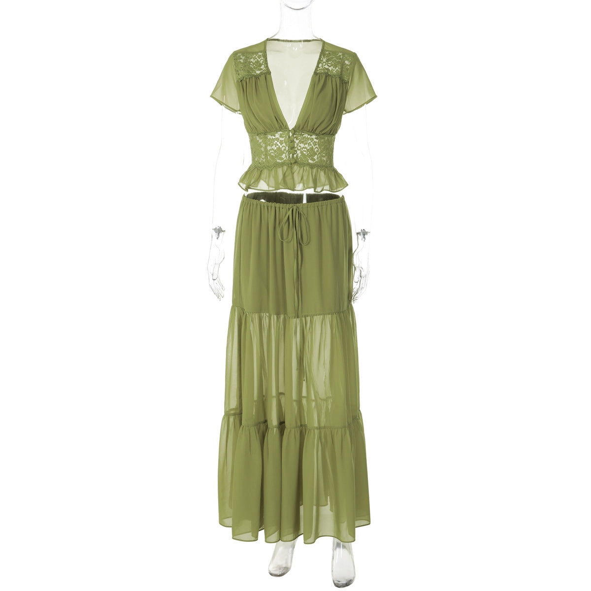 Trendy French Lace Chiffon Cardigan T-Shirt with Loose Fit Maxi Dress