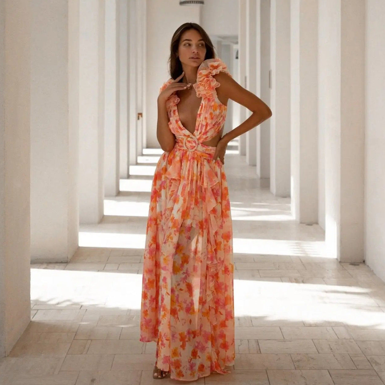 Floral Maxi Dress With Deep V Neck And Ruffle Hem