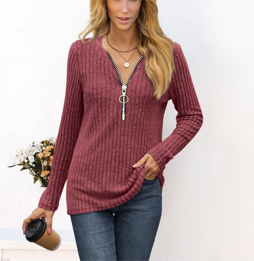 Autumn/Winter New Women'S Wear Chest Zipper Pleated Casual Long Sleeve T-Shirt Top