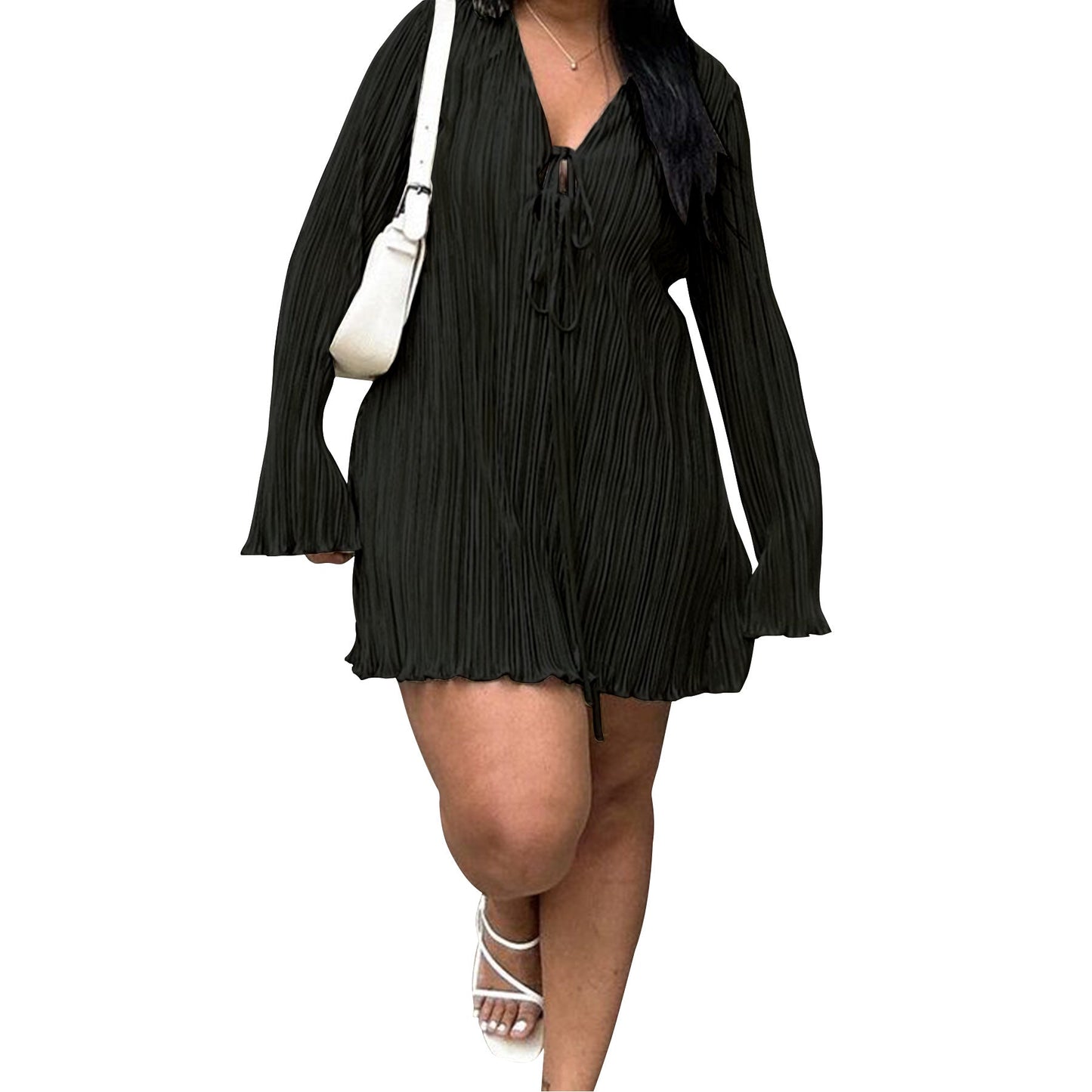 Elegant A-Line Tie Dress With Bell Sleeves