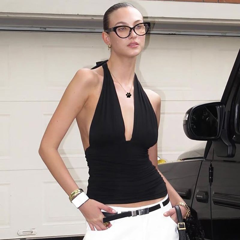 Trendy Solid Color Halter Neck V-Neck Slim Fit Top