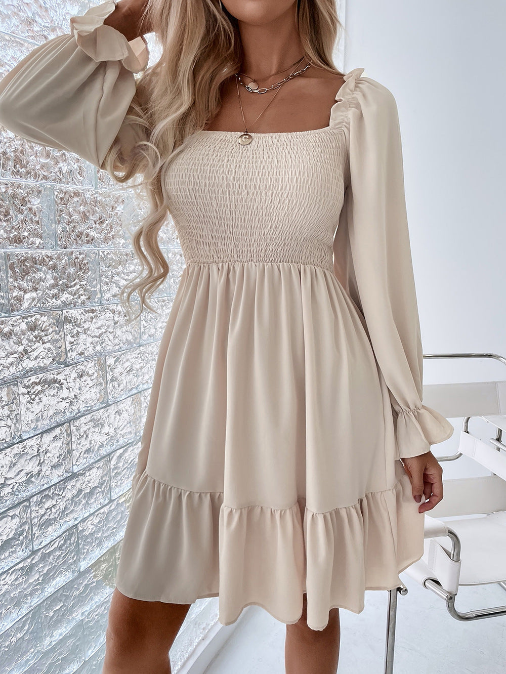 Pullover Square Neck Long Sleeve Ruffle High Waist Tight Temperament Commuter Dress Women