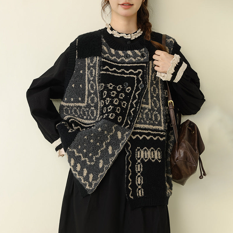Retro Knitted Sleeveless Vest Geometric Pattern Cozy Top