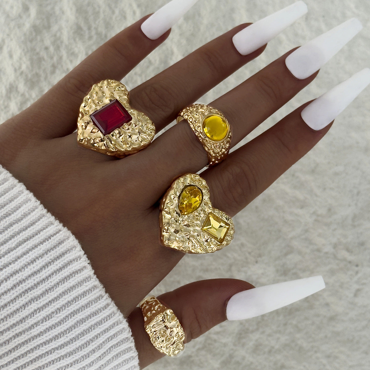 Retro Geometric Adjustable Ring Set With Gemstone Inlays