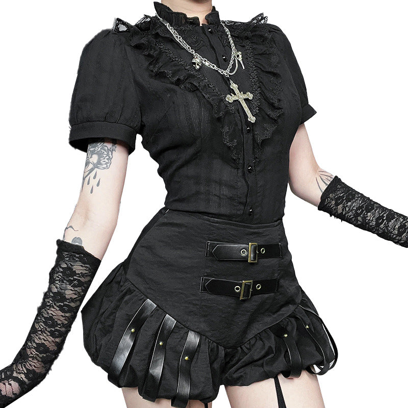 Steampunk Pumpkin High-Waisted Shorts with Leather Patches