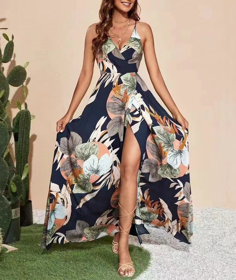 Printed Suspender Long Split Leg Stylish High-End Sexy Deep V Dress