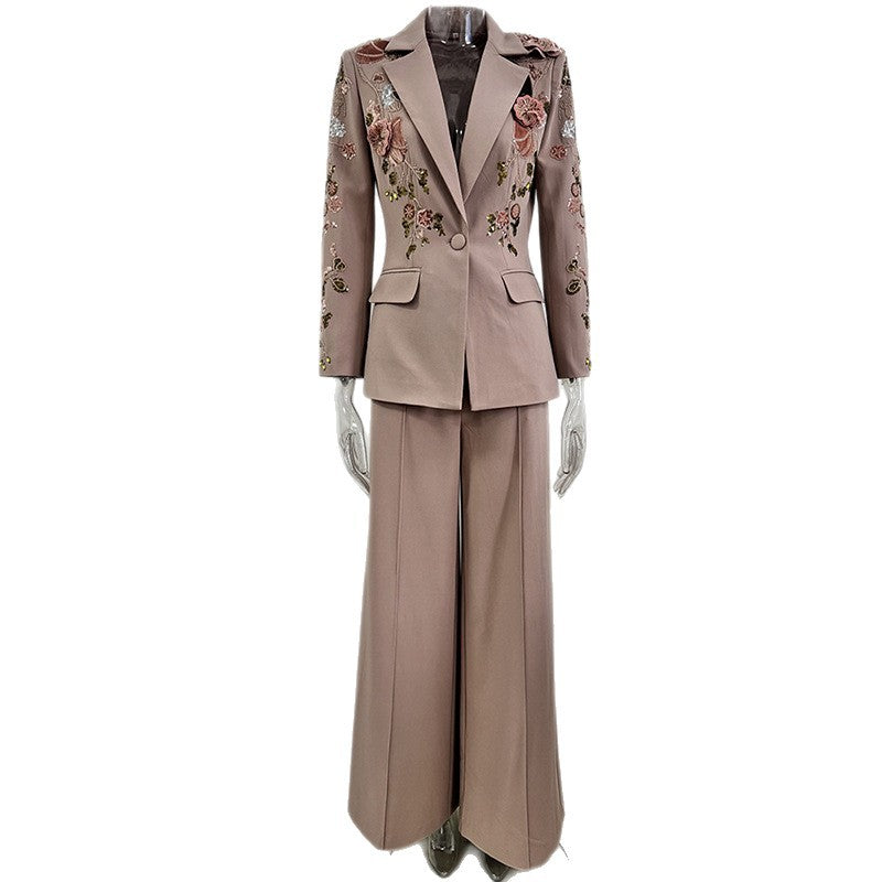 Fashionable Beaded Floral Jacket And Wide-Leg Pant Set