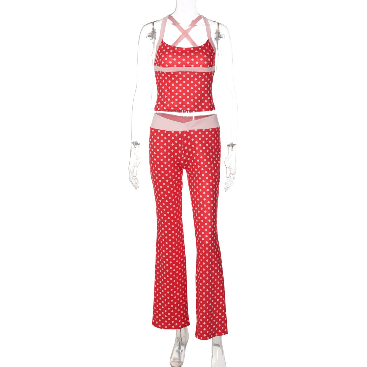 Trendy Polka Dot Sleeveless Top & Color Block Long Pants Set