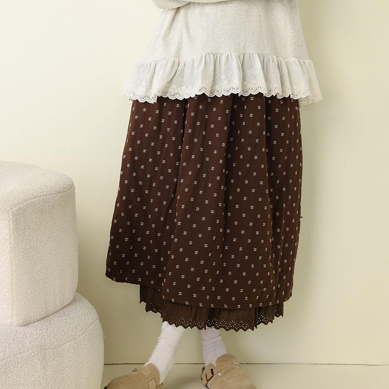 Cotton Geometric Pattern A-Line Skirt with Lace Trim