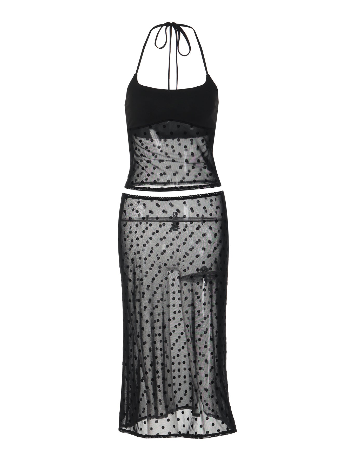 Trendy Polka Dot Sheer Halter Neck Bodycon Dress Set