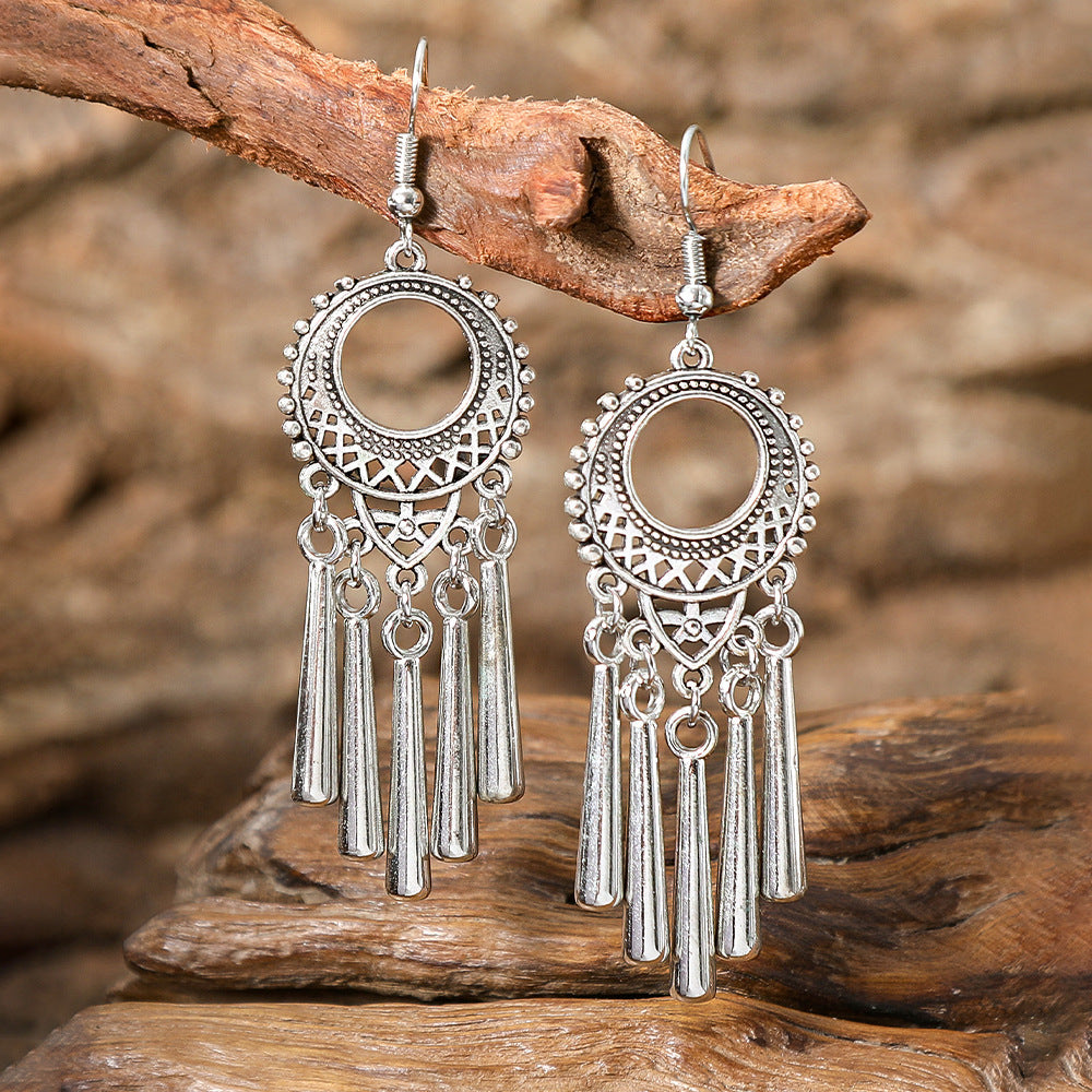 Ethnic Style Silver Earrings with Peacock Floral and Leaf Design