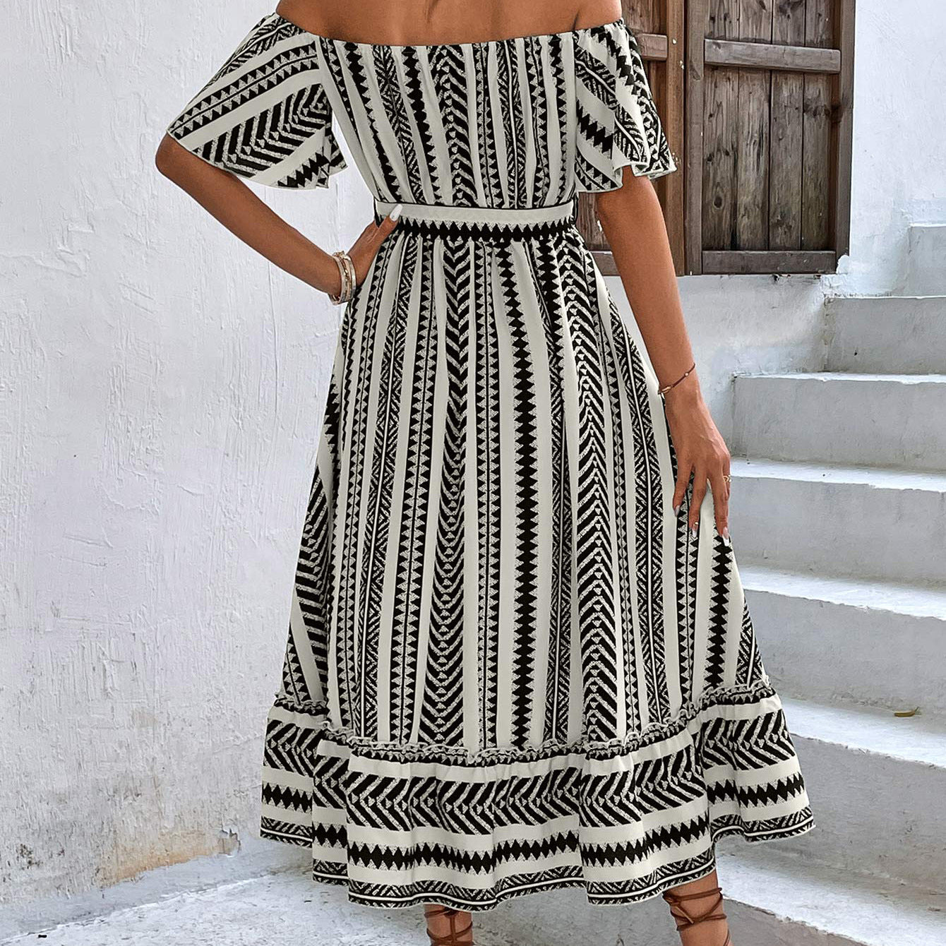 Bohemian Off Shoulder High Waist Lace Up Casual Stripe Plaid Dress