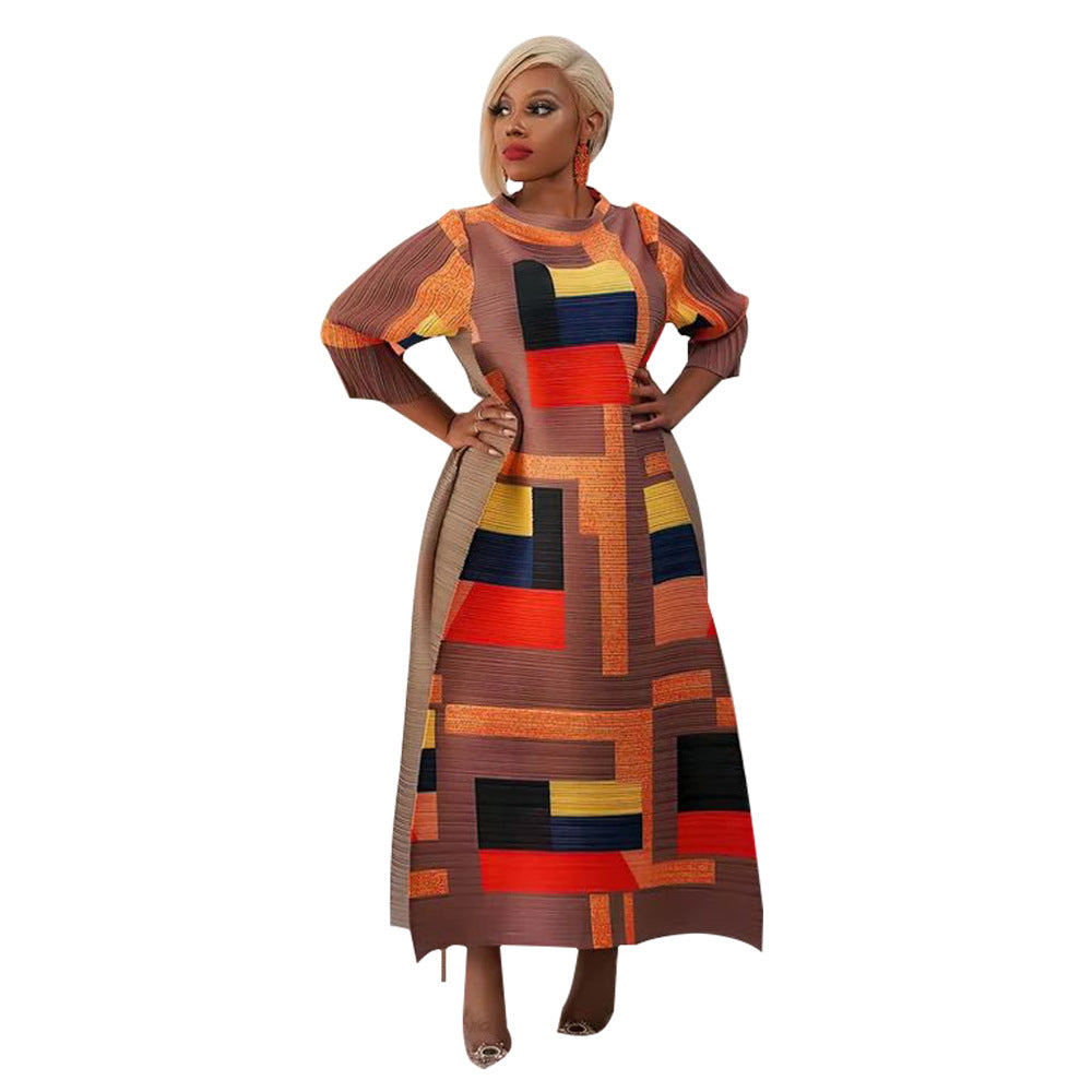 Fashionable Pleated Dress With Round Neck Print